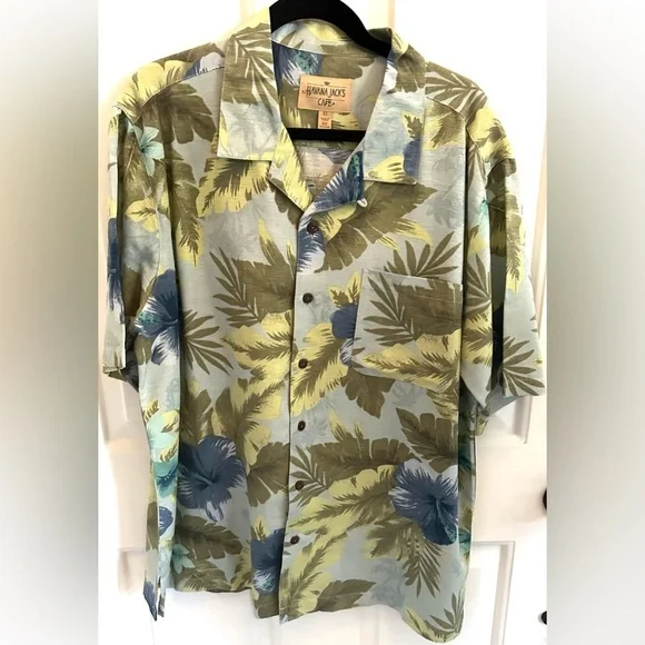 Havana Jacks Café Hawaiian Men’s Button Up Shirt XL Green Blue 100% Silk Floral - Picture 5 of 5